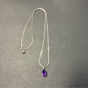 Sterling Silver 925 Snake Chain with Pear-Shaped Amethyst Stone Diamond Pendant